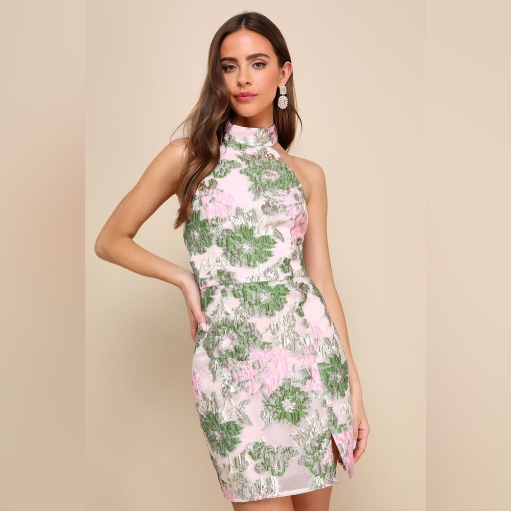 Extraordinary Impression Pink Floral Jacquard Halter Mini Dress